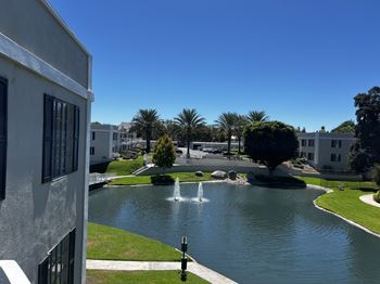 A fountain in the middle of a pond surrounded by buildings.